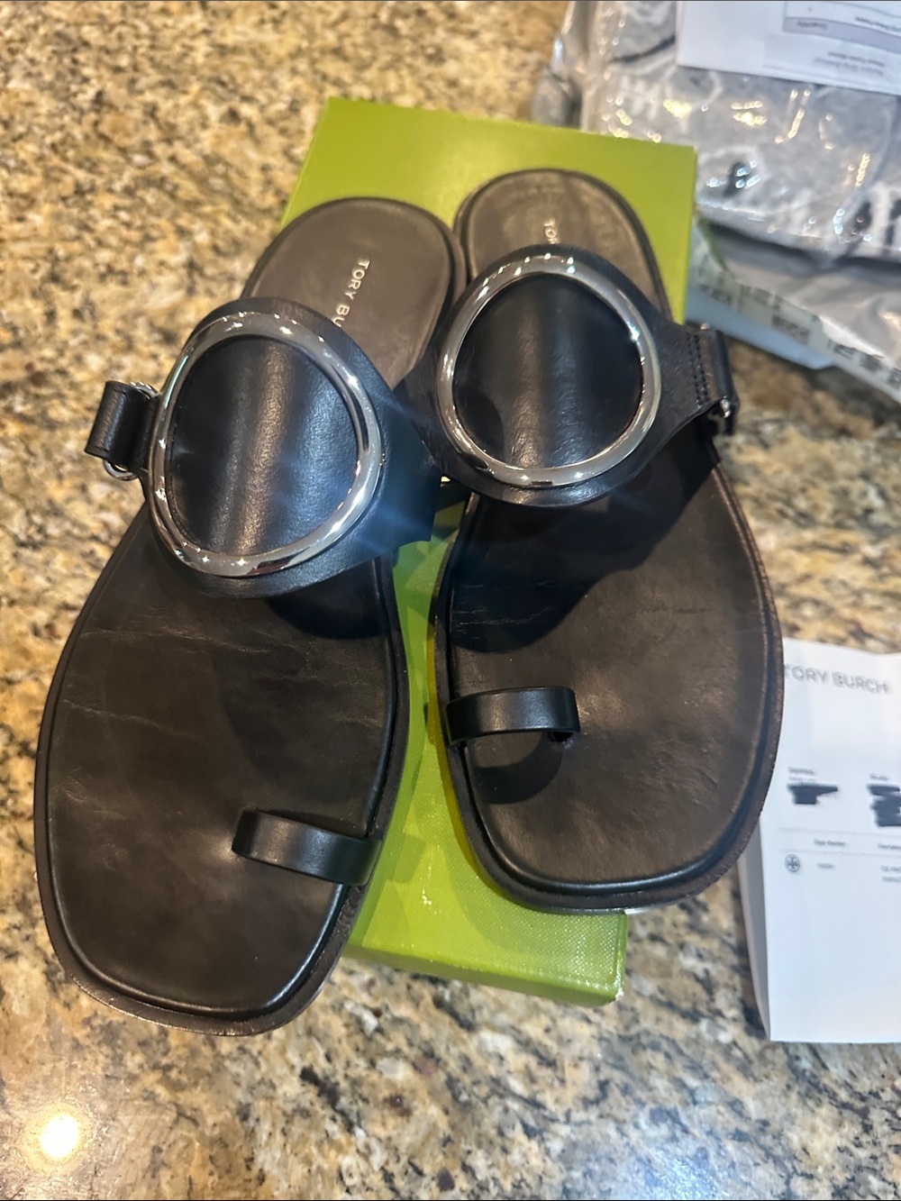 Tory Burch Black Leather Slide Sandals with Round Silver Buckle